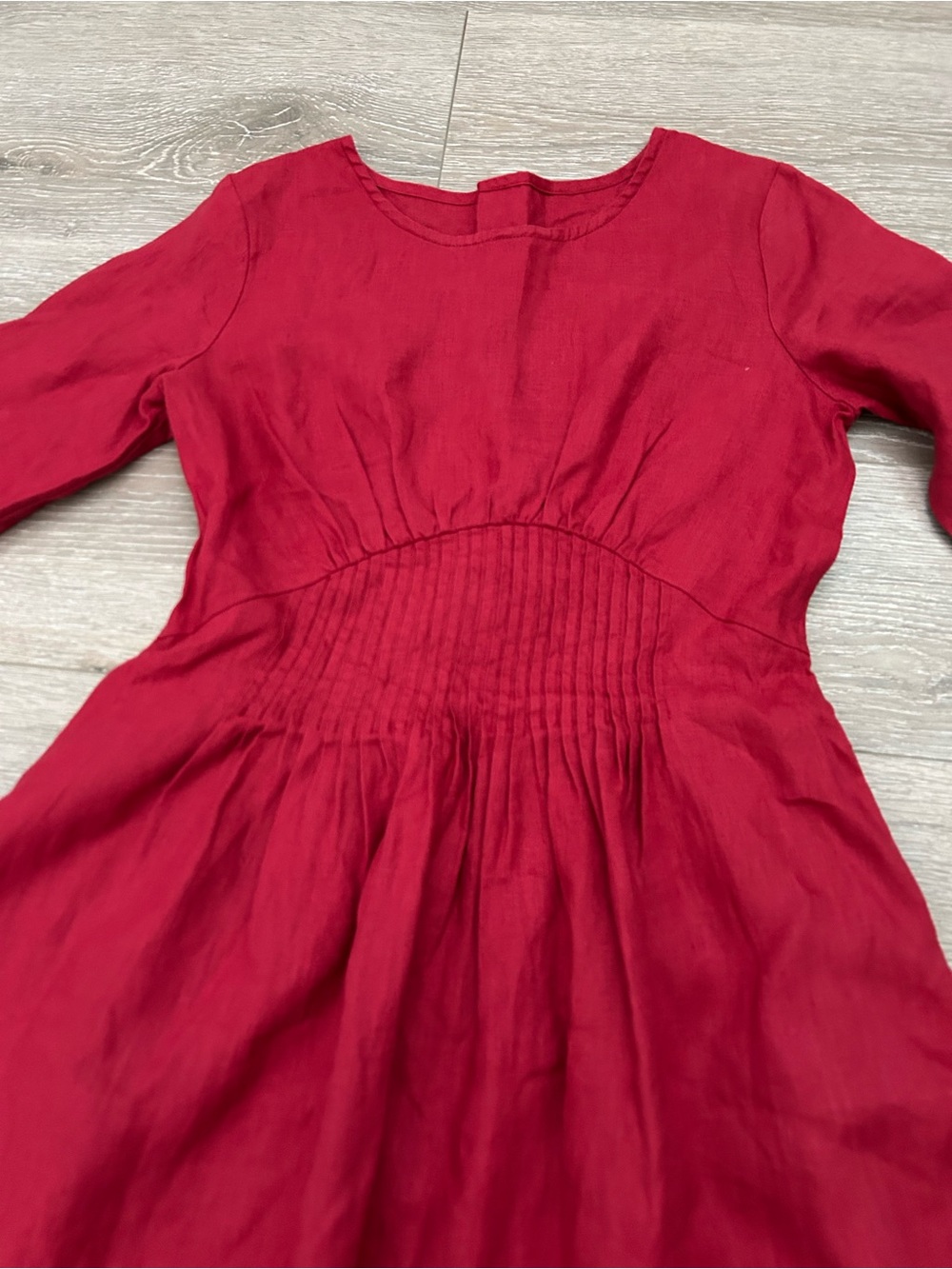 YLISTYLE Red Linen Maxi Dress - Raspberry Fit & Flare with Pintuck Pleated Waist - Picture 9 of 11